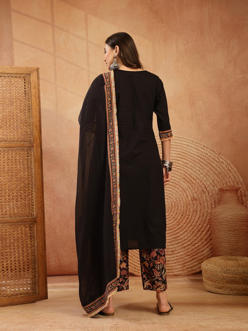 Stylum Women's Black Solid Cotton Straight Kurta Pant Dupatta Set (KPDBLACKGAP)