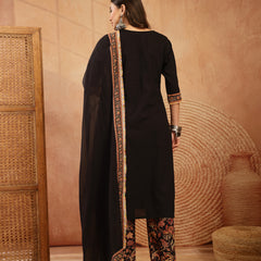 Stylum Women's Black Solid Cotton Straight Kurta Pant Dupatta Set (KPDBLACKGAP)