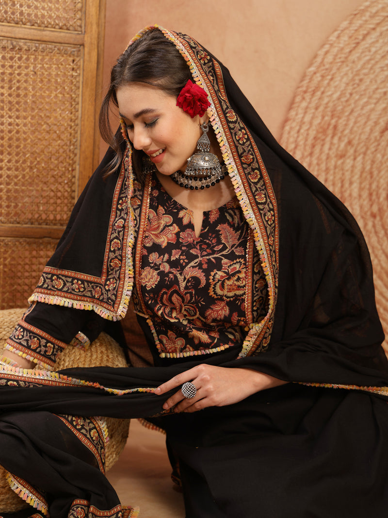 Stylum Women's Black Solid Cotton Straight Kurta Pant Dupatta Set (KPDBLACKGAP)