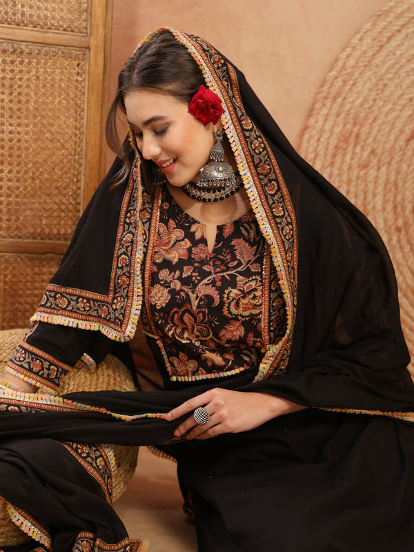 Stylum Women's Black Solid Cotton Straight Kurta Pant Dupatta Set (KPDBLACKGAP)