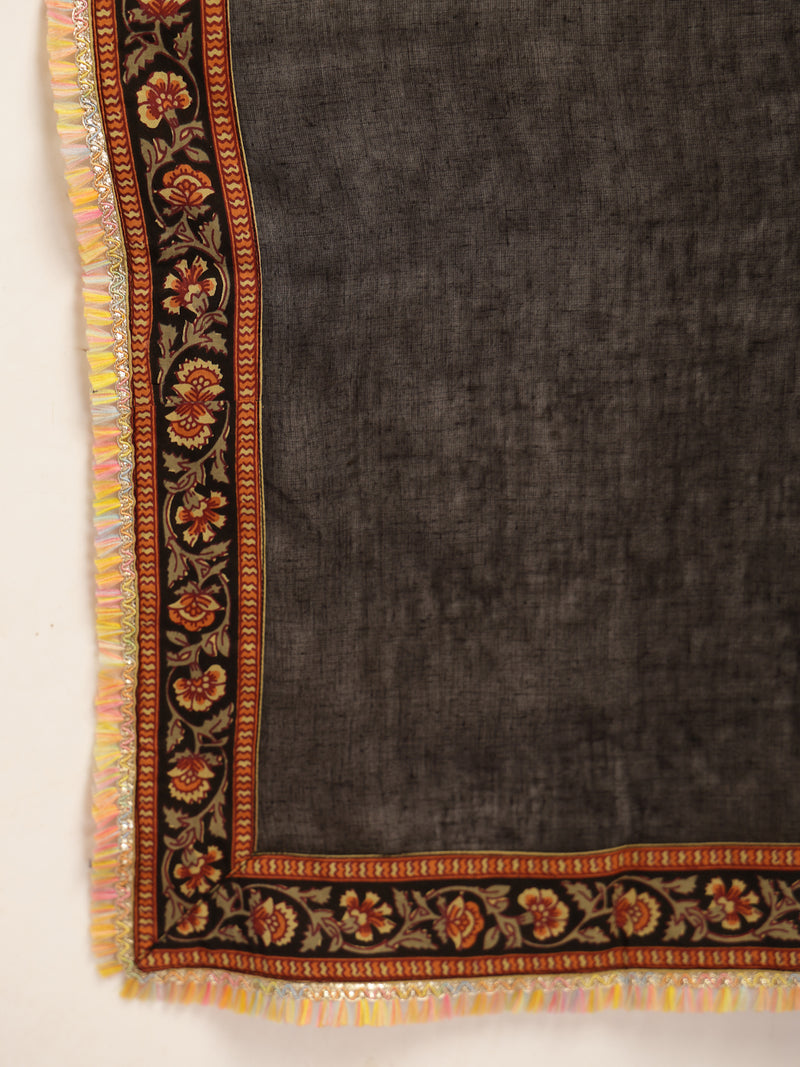 Stylum Women's Black Solid Cotton Straight Kurta Pant Dupatta Set (KPDBLACKGAP)