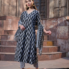 Stylum Women's Black Floral Printed Cotton A-Line Kurta Pant Dupatta Set (KPDBLACKGLORY)