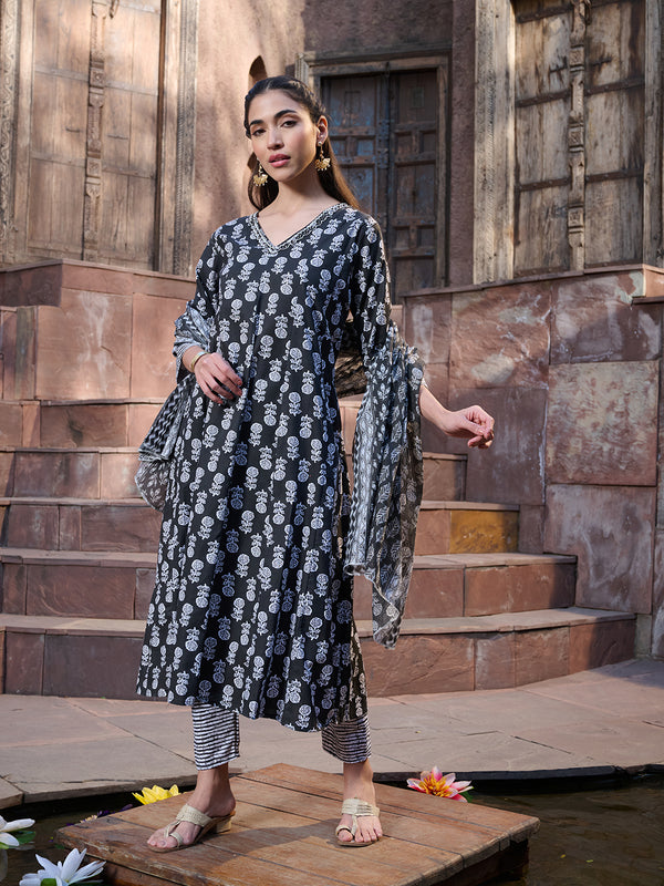 Stylum Women's Black Floral Printed Cotton A-Line Kurta Pant Dupatta Set (KPDBLACKGLORY)