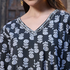 Stylum Women's Black Floral Printed Cotton A-Line Kurta Pant Dupatta Set (KPDBLACKGLORY)