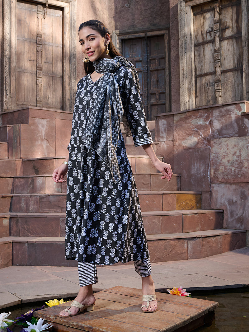 Stylum Women's Black Floral Printed Cotton A-Line Kurta Pant Dupatta Set (KPDBLACKGLORY)