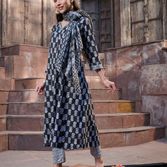 Stylum Women's Black Floral Printed Cotton A-Line Kurta Pant Dupatta Set (KPDBLACKGLORY)