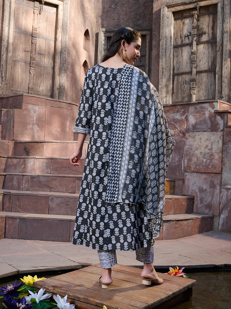 Stylum Women's Black Floral Printed Cotton A-Line Kurta Pant Dupatta Set (KPDBLACKGLORY)