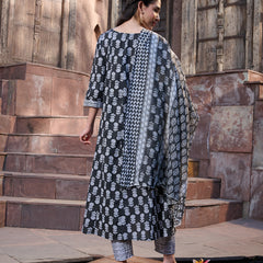 Stylum Women's Black Floral Printed Cotton A-Line Kurta Pant Dupatta Set (KPDBLACKGLORY)