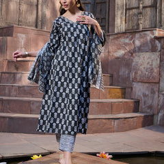 Stylum Women's Black Floral Printed Cotton A-Line Kurta Pant Dupatta Set (KPDBLACKGLORY)