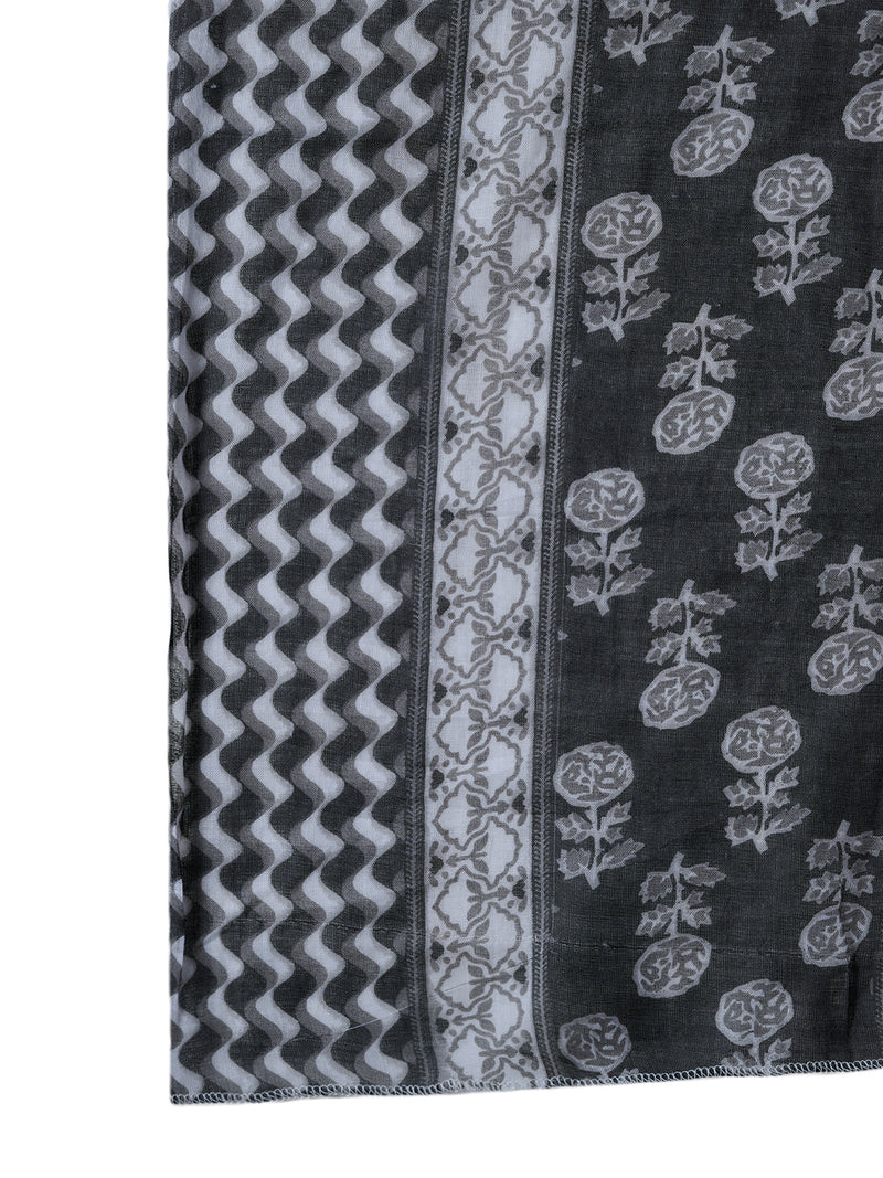 Stylum Women's Black Floral Printed Cotton A-Line Kurta Pant Dupatta Set (KPDBLACKGLORY)