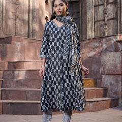 Stylum Women's Black Floral Printed Cotton A-Line Kurta Pant Dupatta Set (KPDBLACKGLORY)