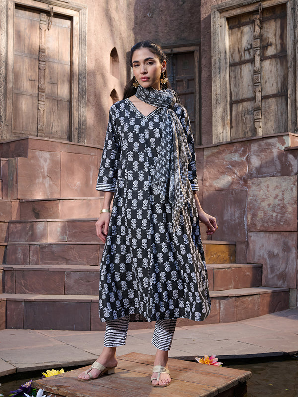 Stylum Women's Black Floral Printed Cotton A-Line Kurta Pant Dupatta Set (KPDBLACKGLORY)