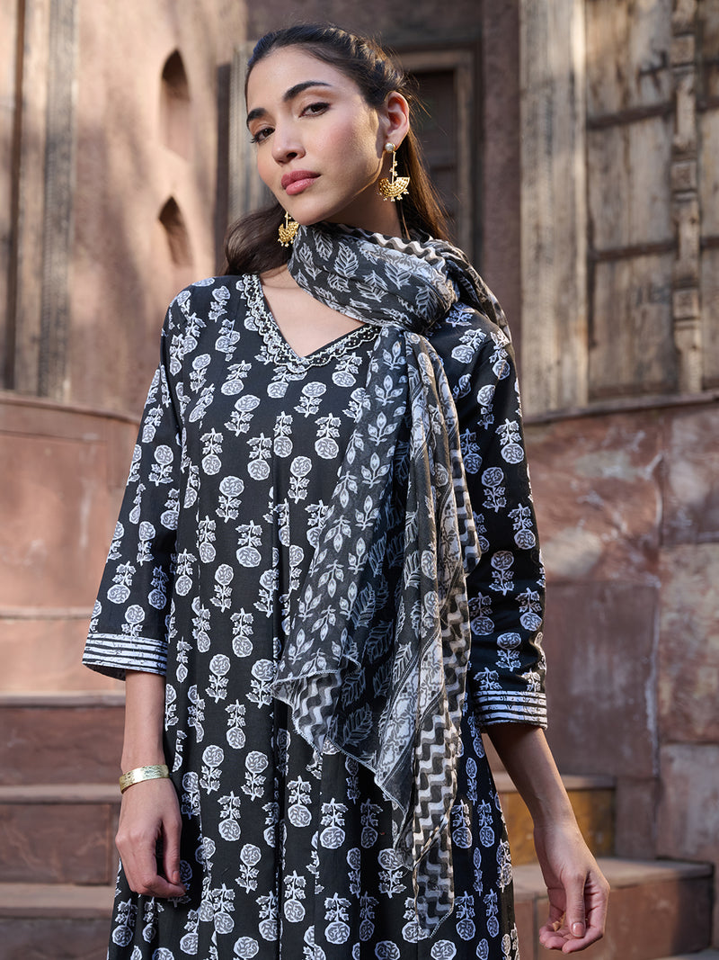Stylum Women's Black Floral Printed Cotton A-Line Kurta Pant Dupatta Set (KPDBLACKGLORY)
