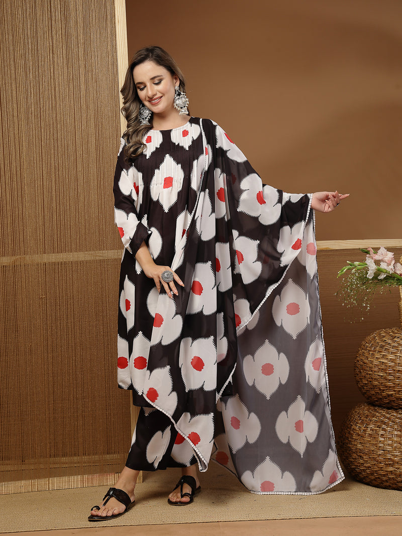 Stylum Women's Black Floral Printed Rayon A-Line Kurta Pant Dupatta Set (KPDBLACKHUREN)