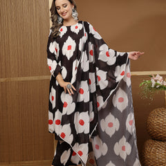 Stylum Women's Black Floral Printed Rayon A-Line Kurta Pant Dupatta Set (KPDBLACKHUREN)