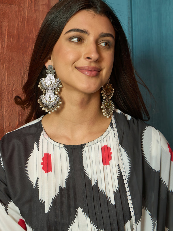 Stylum Women's Black Floral Printed Rayon A-Line Kurta Pant Dupatta Set (KPDBLACKHUREN)