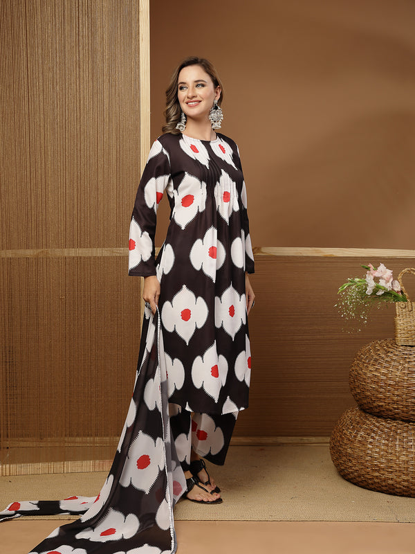 Stylum Women's Black Floral Printed Rayon A-Line Kurta Pant Dupatta Set (KPDBLACKHUREN)