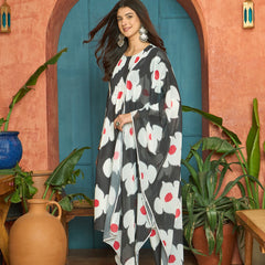 Stylum Women's Black Floral Printed Rayon A-Line Kurta Pant Dupatta Set (KPDBLACKHUREN)