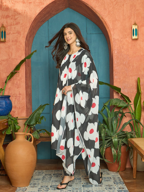 Stylum Women's Black Floral Printed Rayon A-Line Kurta Pant Dupatta Set (KPDBLACKHUREN)