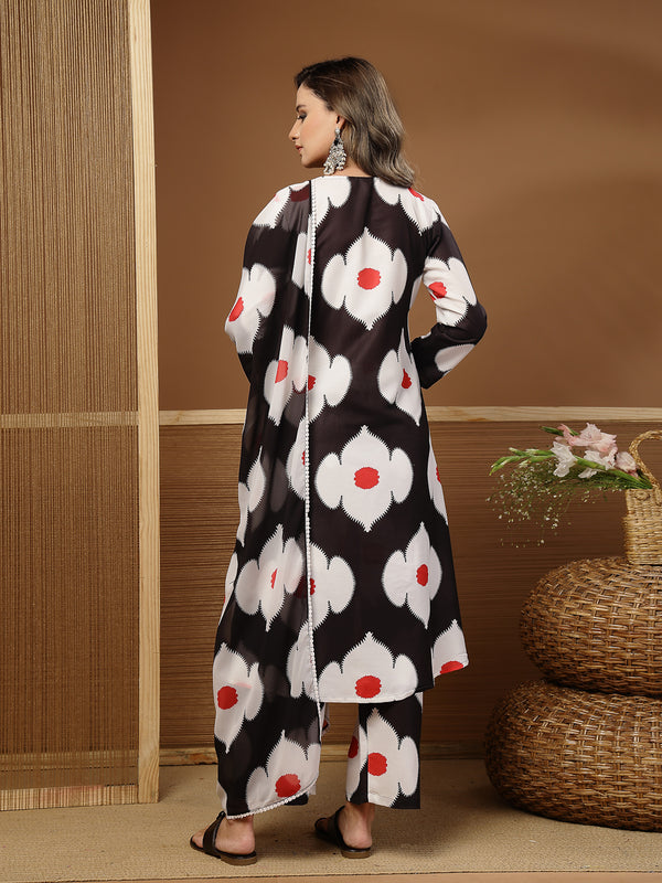 Stylum Women's Black Floral Printed Rayon A-Line Kurta Pant Dupatta Set (KPDBLACKHUREN)