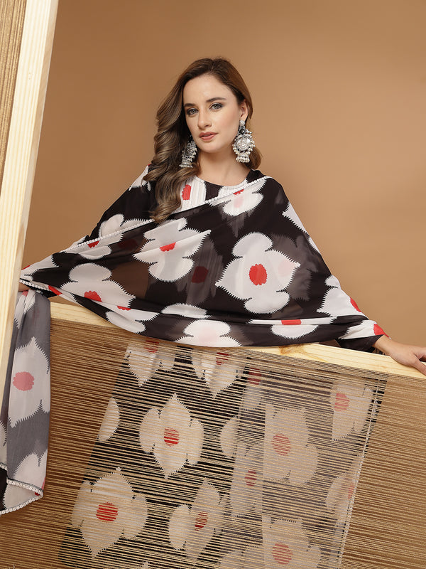 Stylum Women's Black Floral Printed Rayon A-Line Kurta Pant Dupatta Set (KPDBLACKHUREN)