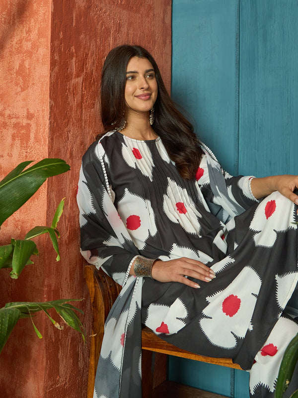 Stylum Women's Black Floral Printed Rayon A-Line Kurta Pant Dupatta Set (KPDBLACKHUREN)