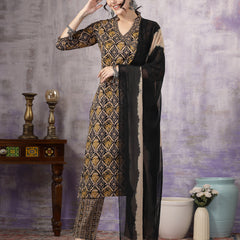 Stylum Women's Black Ajrakh Printed Cotton Straight Angrakha Kurta Pant Dupatta Set (KPDBLACKJACKY)