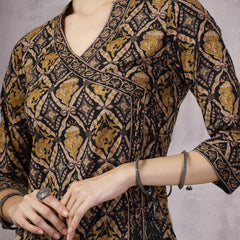 Stylum Women's Black Ajrakh Printed Cotton Straight Angrakha Kurta Pant Dupatta Set (KPDBLACKJACKY)