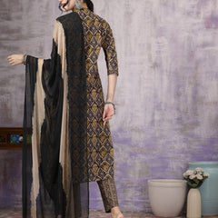 Stylum Women's Black Ajrakh Printed Cotton Straight Angrakha Kurta Pant Dupatta Set (KPDBLACKJACKY)