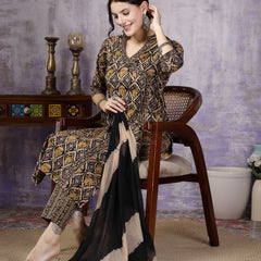 Stylum Women's Black Ajrakh Printed Cotton Straight Angrakha Kurta Pant Dupatta Set (KPDBLACKJACKY)
