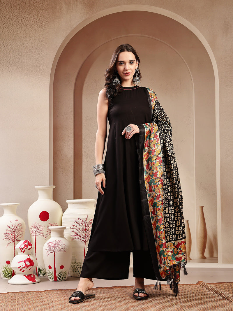 Stylum Women's Black Solid Rayon Flared Kurta Palazzo Dupatta Set (KPDBLACKJALANI)