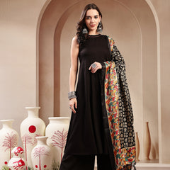 Stylum Women's Black Solid Rayon Flared Kurta Palazzo Dupatta Set (KPDBLACKJALANI)