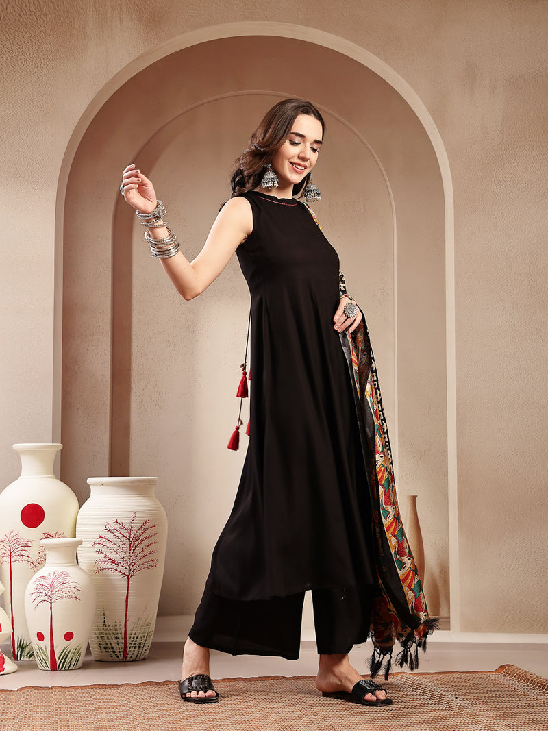 Stylum Women's Black Solid Rayon Flared Kurta Palazzo Dupatta Set (KPDBLACKJALANI)