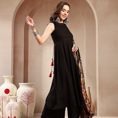 Stylum Women's Black Solid Rayon Flared Kurta Palazzo Dupatta Set (KPDBLACKJALANI)