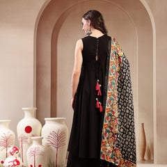 Stylum Women's Black Solid Rayon Flared Kurta Palazzo Dupatta Set (KPDBLACKJALANI)