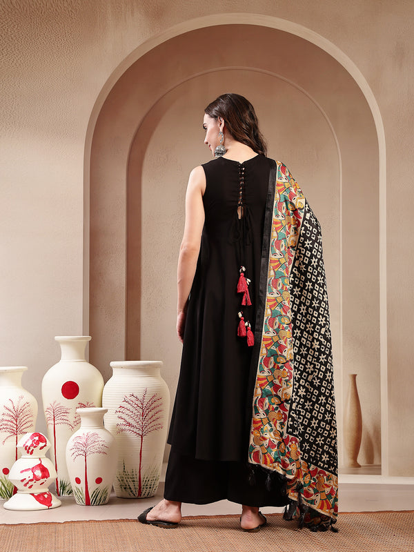 Stylum Women's Black Solid Rayon Flared Kurta Palazzo Dupatta Set (KPDBLACKJALANI)