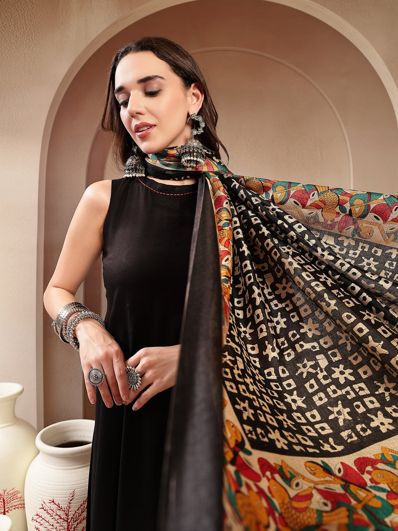 Stylum Women's Black Solid Rayon Flared Kurta Palazzo Dupatta Set (KPDBLACKJALANI)