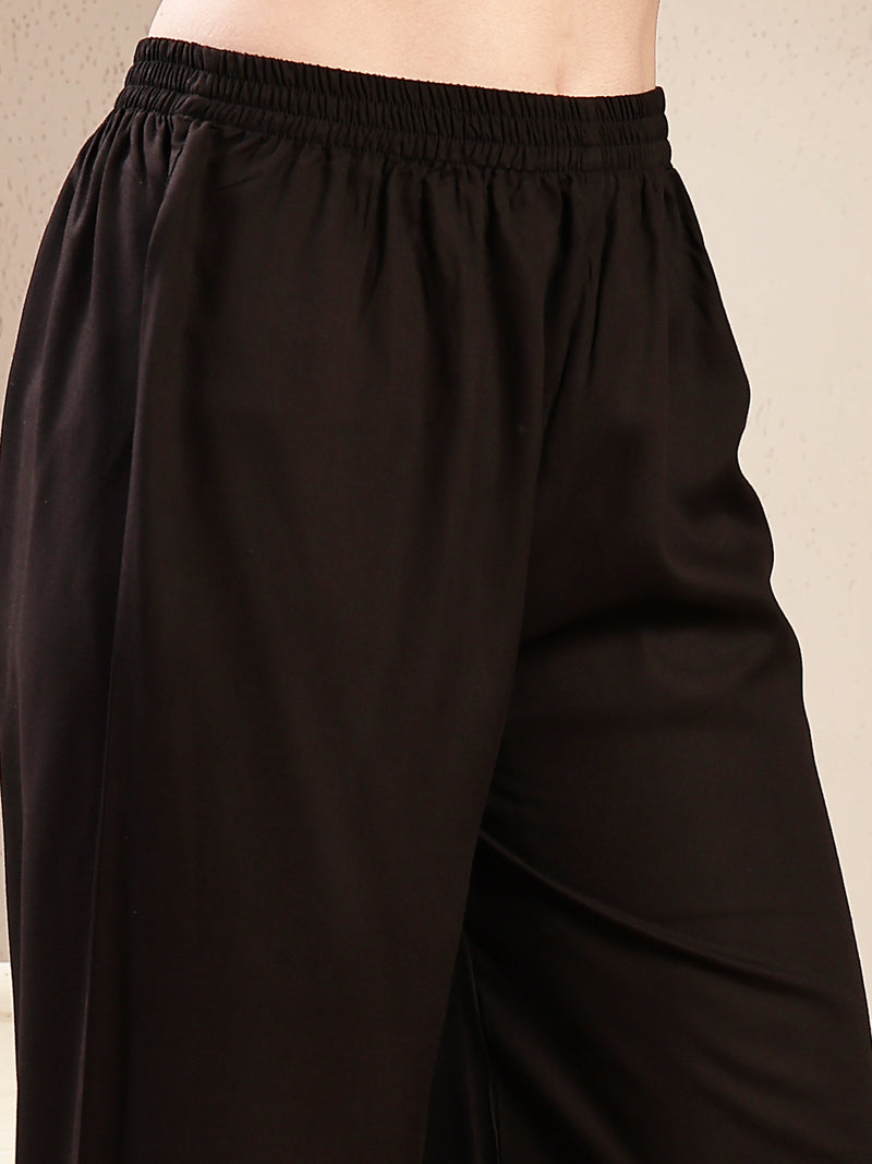 Stylum Women's Black Solid Rayon Flared Kurta Palazzo Dupatta Set (KPDBLACKJALANI)