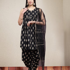 Stylum Women's Paisley Printed Rayon Pleated Kurta Dhoti Dupatta Set (KPDBLACKJOY)