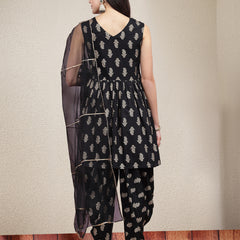 Stylum Women's Paisley Printed Rayon Pleated Kurta Dhoti Dupatta Set (KPDBLACKJOY)