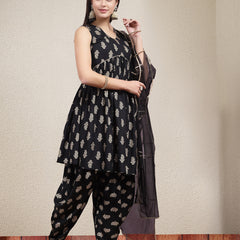 Stylum Women's Paisley Printed Rayon Pleated Kurta Dhoti Dupatta Set (KPDBLACKJOY)