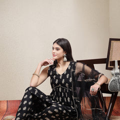 Stylum Women's Paisley Printed Rayon Pleated Kurta Dhoti Dupatta Set (KPDBLACKJOY)