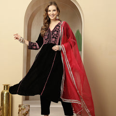 Stylum Women's Black Solid & Embroidered Velvet A-Line Kurta Pant Dupatta Set (KPDBLACKJUGMUG)