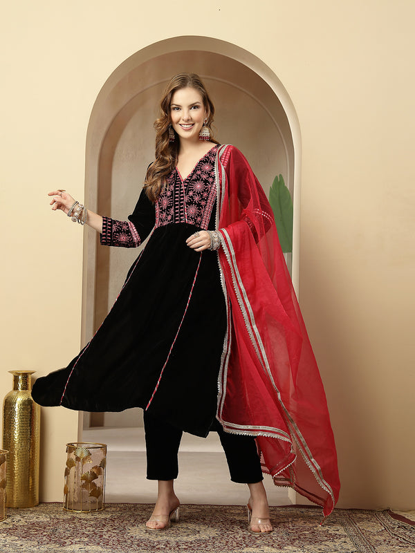 Stylum Women's Black Solid & Embroidered Velvet A-Line Kurta Pant Dupatta Set (KPDBLACKJUGMUG)