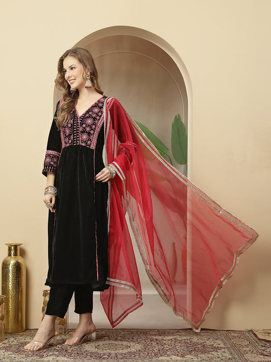 Stylum Women's Black Solid & Embroidered Velvet A-Line Kurta Pant Dupatta Set (KPDBLACKJUGMUG)