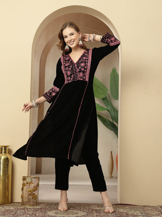 Stylum Women's Black Solid & Embroidered Velvet A-Line Kurta Pant Dupatta Set (KPDBLACKJUGMUG)