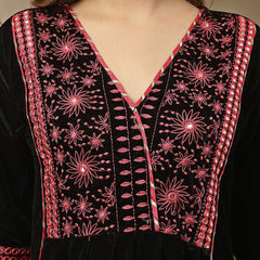 Stylum Women's Black Solid & Embroidered Velvet A-Line Kurta Pant Dupatta Set (KPDBLACKJUGMUG)
