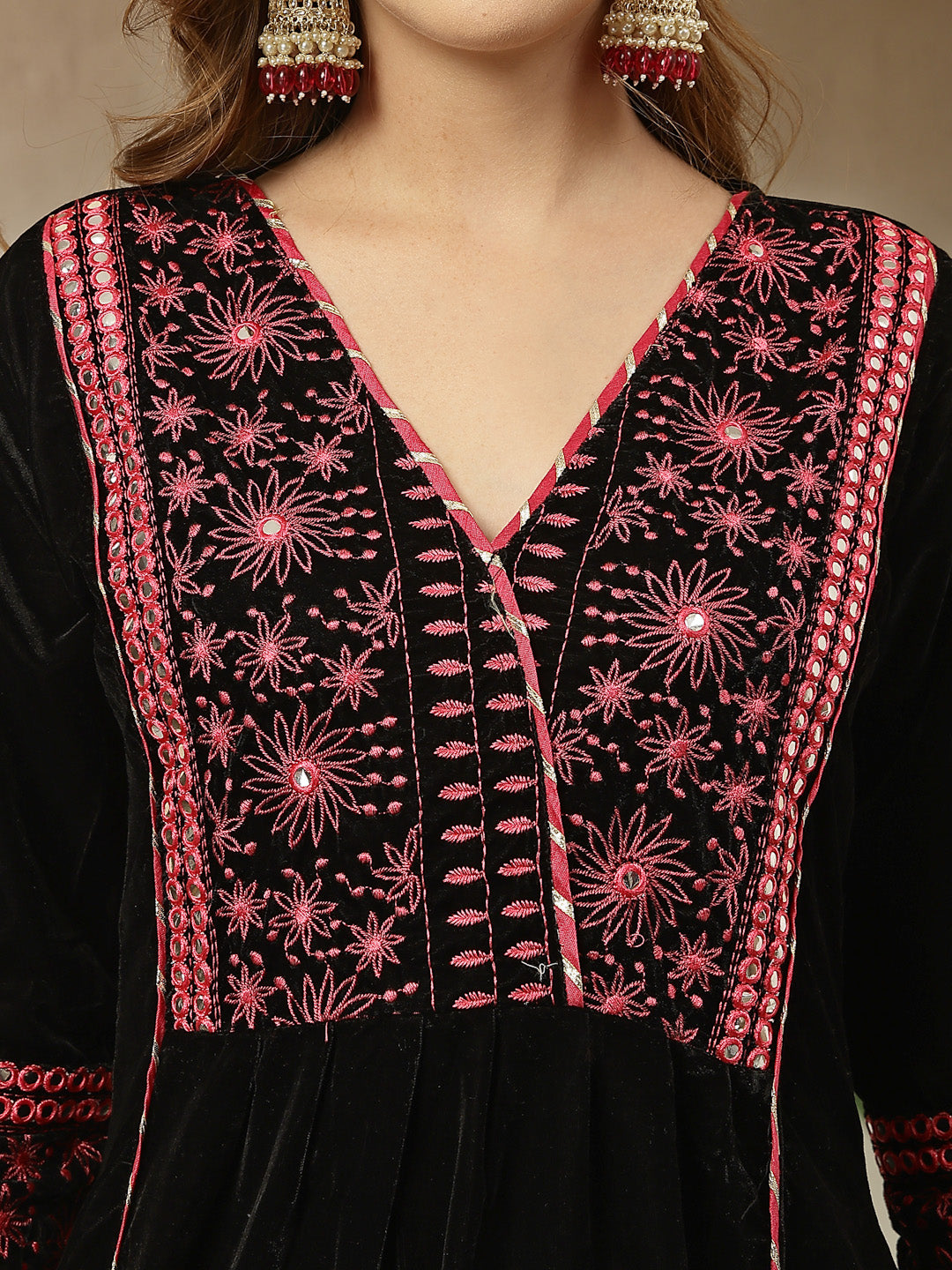 Stylum Women's Black Solid & Embroidered Velvet A-Line Kurta Pant Dupatta Set (KPDBLACKJUGMUG)