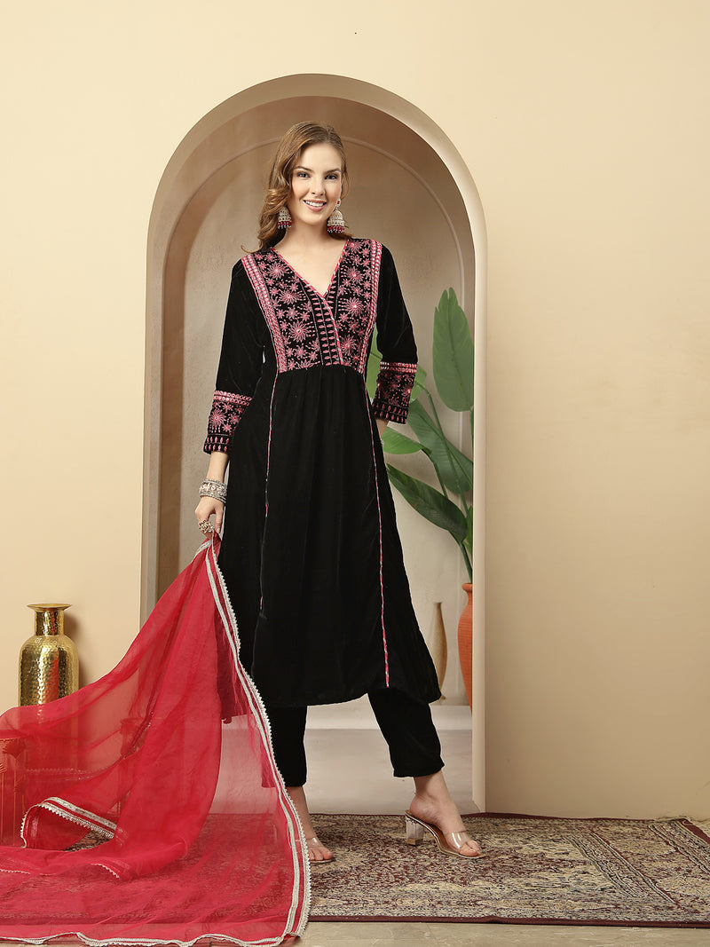 Stylum Women's Black Solid & Embroidered Velvet A-Line Kurta Pant Dupatta Set (KPDBLACKJUGMUG)