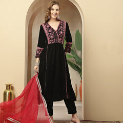 Stylum Women's Black Solid & Embroidered Velvet A-Line Kurta Pant Dupatta Set (KPDBLACKJUGMUG)
